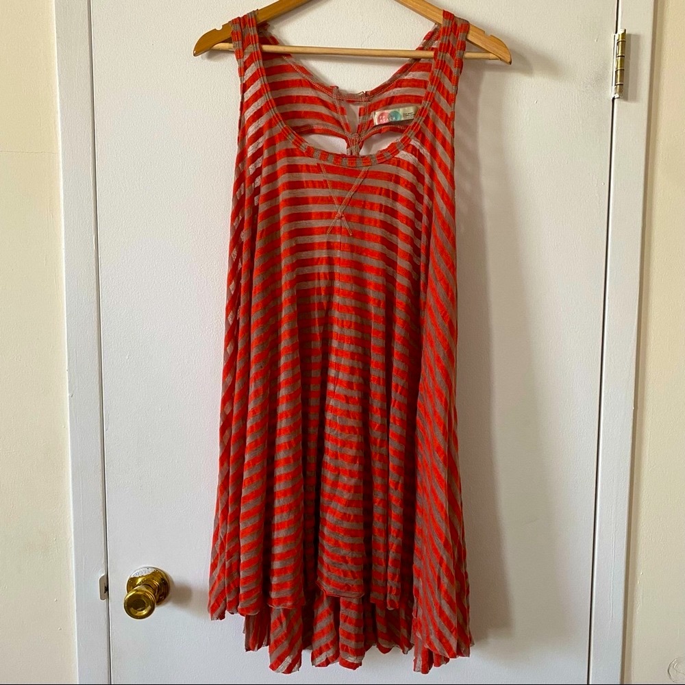 Free People Oversized Tunic Tank Top Beach Coverup Striped Orange Tan One Size